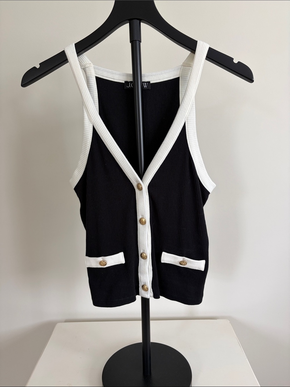J. Crew Black Ribbed Tank with White Trim & Gold Buttons